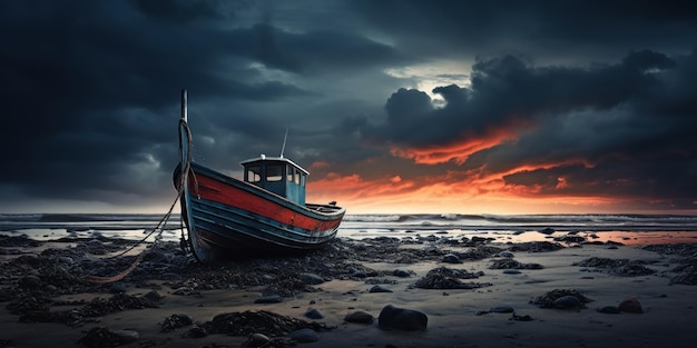 Free photo a solitary ship on dry land under a stormy sky