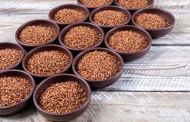 Some buckwheats in a bowls o, high angle view.