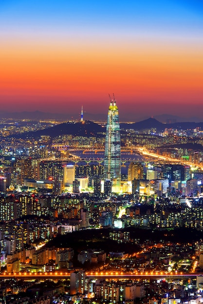 South Korea skyline of Seoul, The best view of South Korea with Lotte world mall at Namhansanseong Fortress