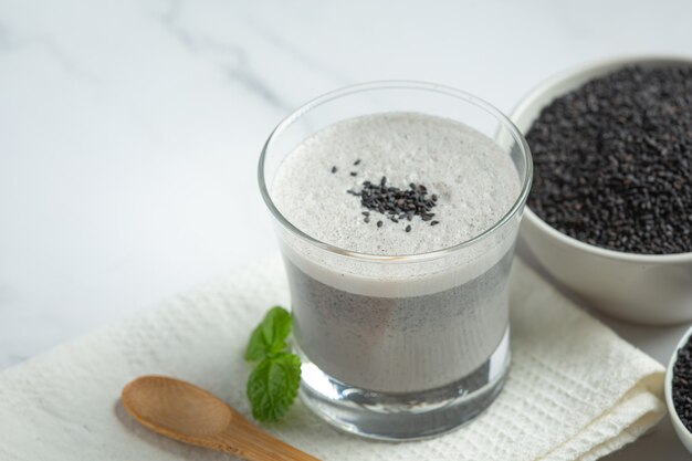 Soy milk mix black sesame on marble background