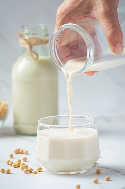 Soy Milk, Soy Food and Beverage Products Food nutrition concept.