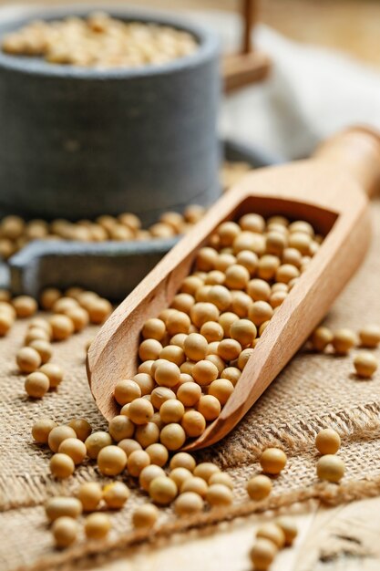 Soybeans in wooden scoop and a little stone mill