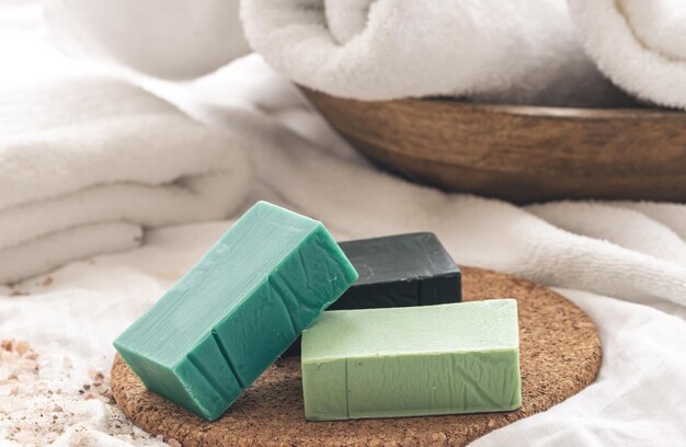 Spa composition with colorful handmade soap closeup