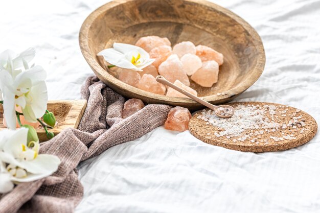 Spa composition with sea salt and orchid flowers