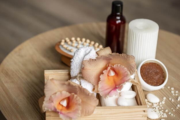 Spa composition with thai orchid flowers and bath accessories