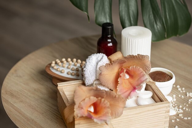 Spa composition with thai orchid flowers and bath accessories