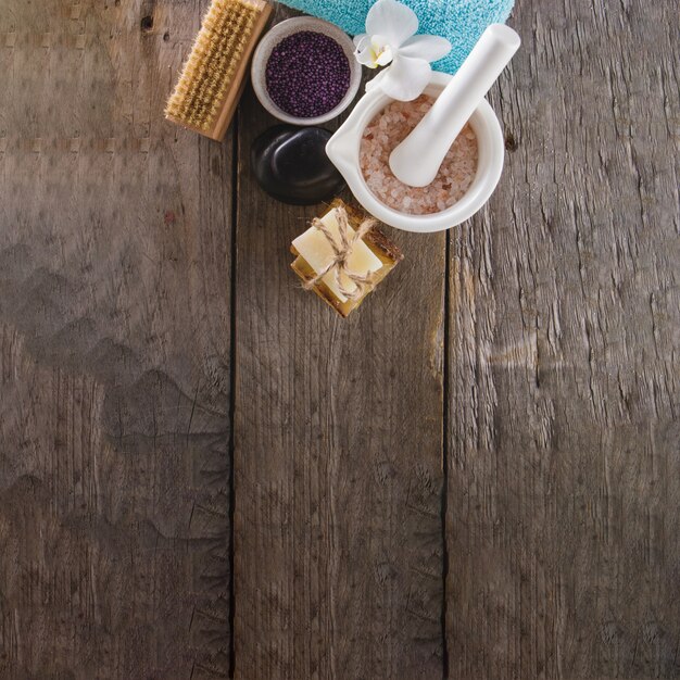 Spa objects on wooden surface