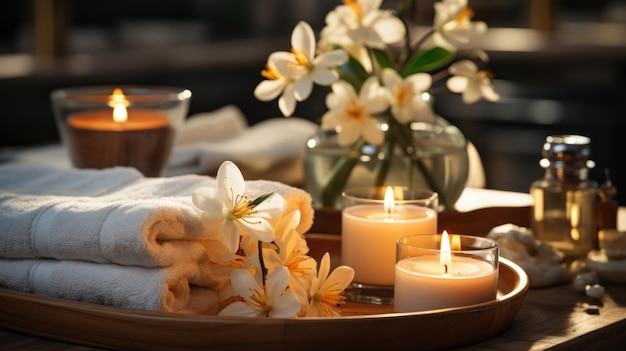 Free photo spa setting with a lit candle fluffy towels and fragrant flowers promotes relaxation