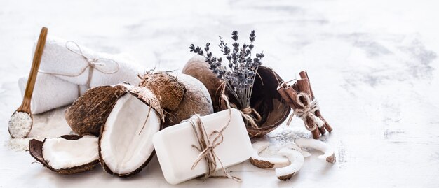 Spa still life of organic cosmetics with coconuts