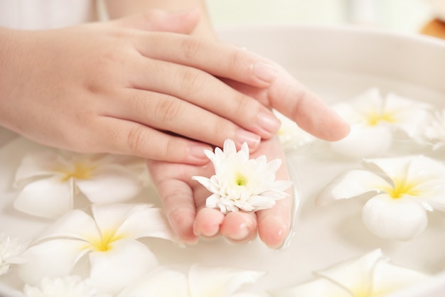 Spa treatment and product. white flowers in ceramic bowl with water for aroma therapy at spa.