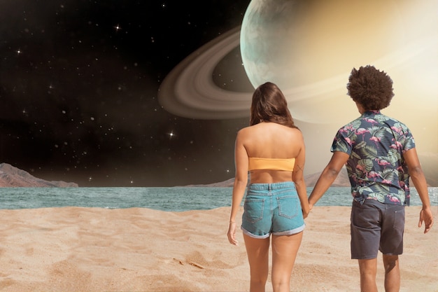 Space collage with young couple