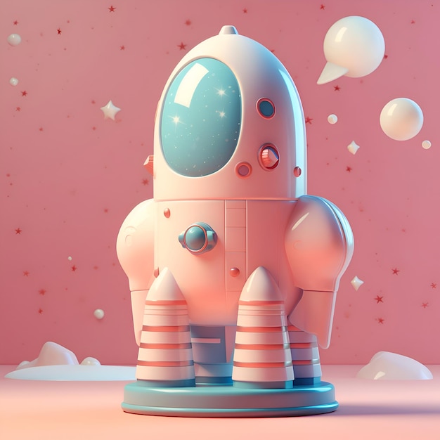 Free photo space ship with rocket on pink background 3d rendering and illustration