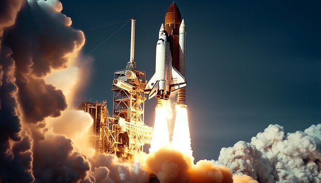 A space shuttle taking off with smoke and fire behind it