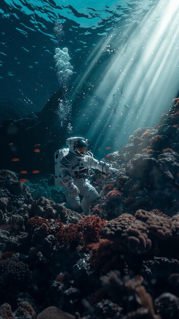 Spaceman diving in the ocean