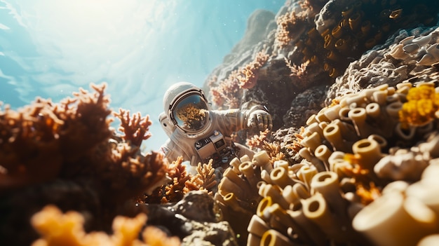 Free Photo spaceman diving in the ocean