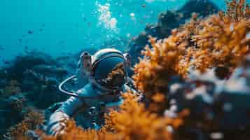 Free photo spaceman diving in the ocean