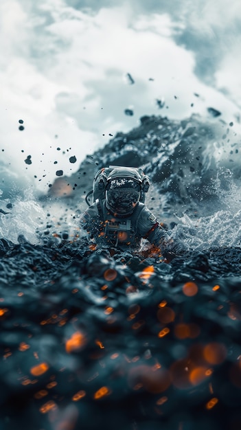 Spaceman diving in the ocean