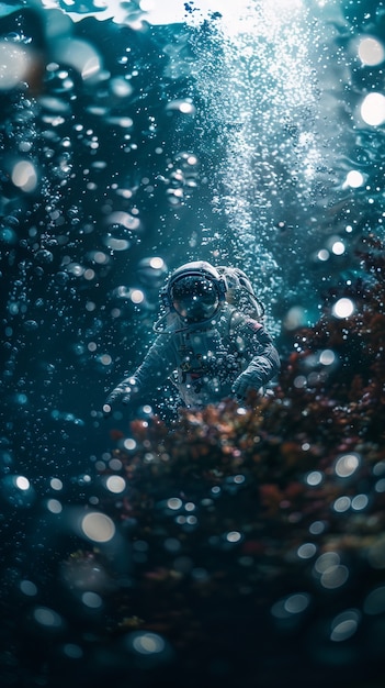 Free photo spaceman diving in the ocean