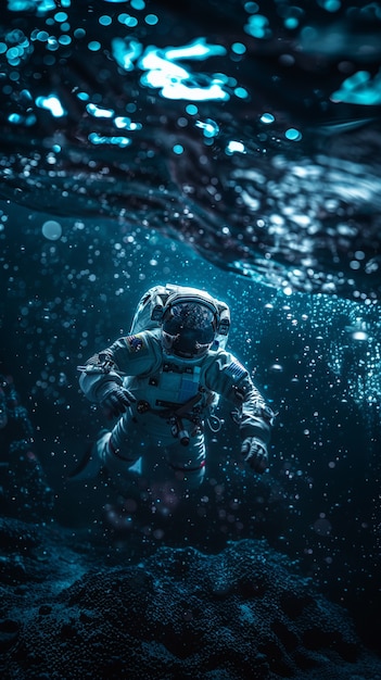 Free photo spaceman diving in the ocean