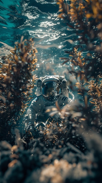 Free photo spaceman diving in the ocean