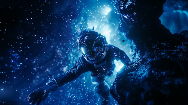 Free photo spaceman diving in the ocean