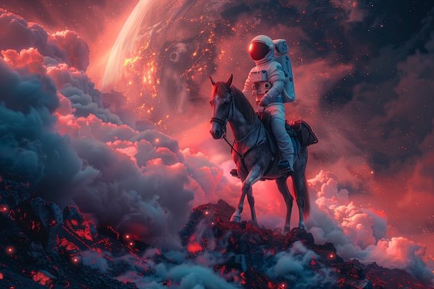 Free photo spaceman riding a horse in outer space neon style