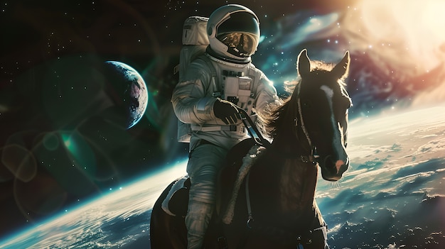 Free photo spaceman riding a horse in outer space