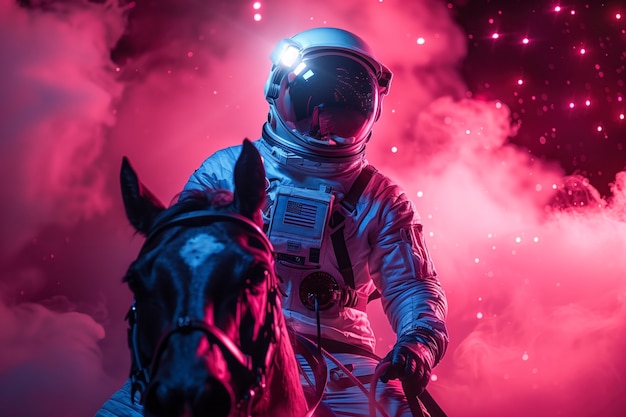 Spaceman riding a horse in outer space