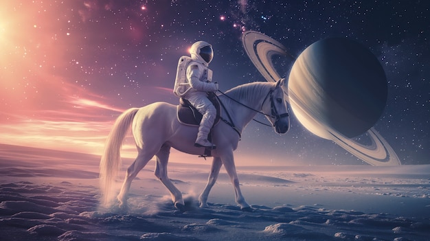 Spaceman riding a horse in outer space