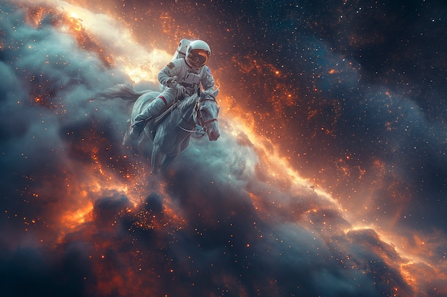 Spaceman riding a horse in outer space