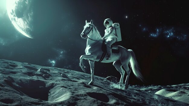 Spaceman riding a horse in outer space