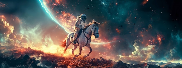 Spaceman riding a horse in outer space