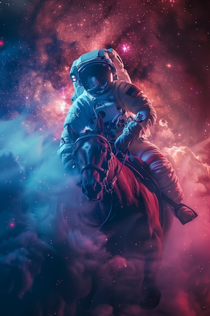 Free Photo spaceman riding a horse in outer space