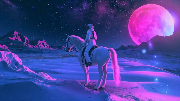 Spaceman riding a horse in outer space