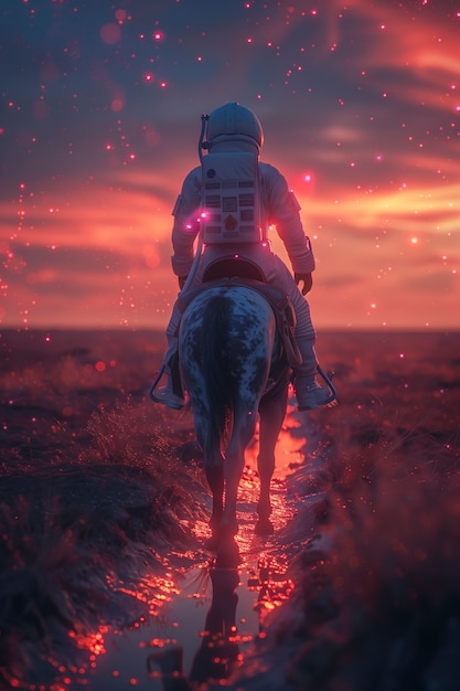 Spaceman riding a horse in outer space