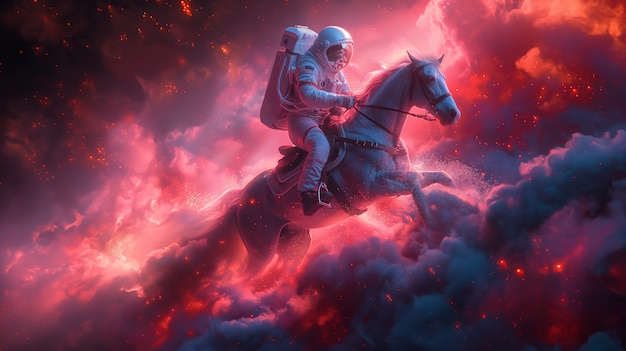 Free Photo spaceman riding a horse in outer space