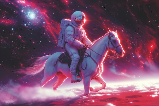 Free photo spaceman riding a horse in outer space