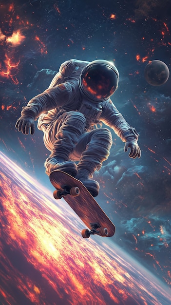 Spaceman skateboarding on different planets in the space