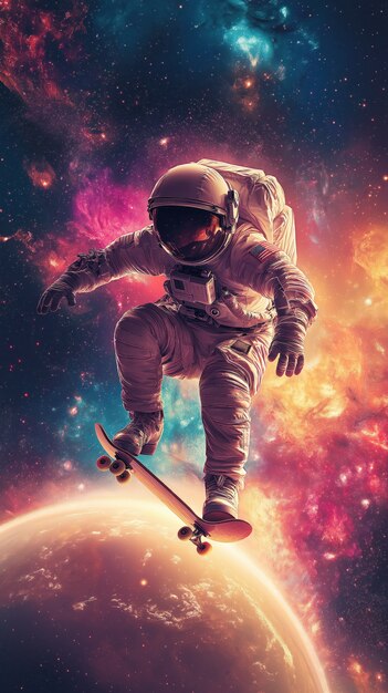 Spaceman skateboarding on different planets in the space