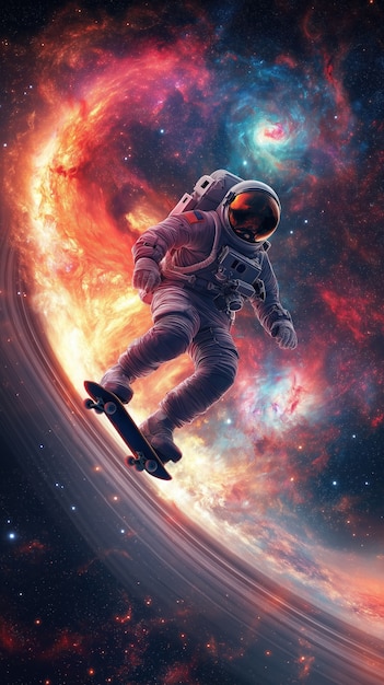 Spaceman skateboarding on different planets in the space