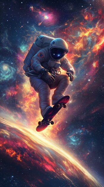 Spaceman skateboarding on different planets in the space