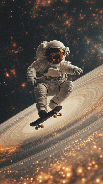 Spaceman skateboarding on different planets in the space