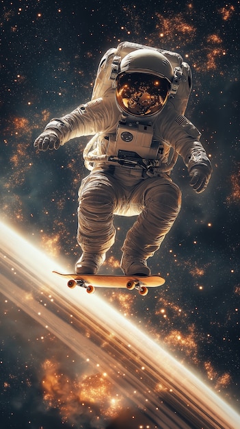 Spaceman skateboarding on different planets in the space