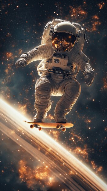 Spaceman skateboarding on different planets in the space