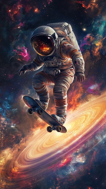 Spaceman skateboarding on different planets in the space