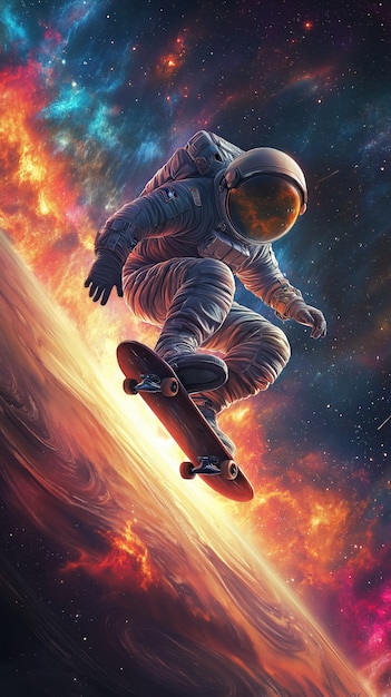 Spaceman skateboarding on different planets in the space