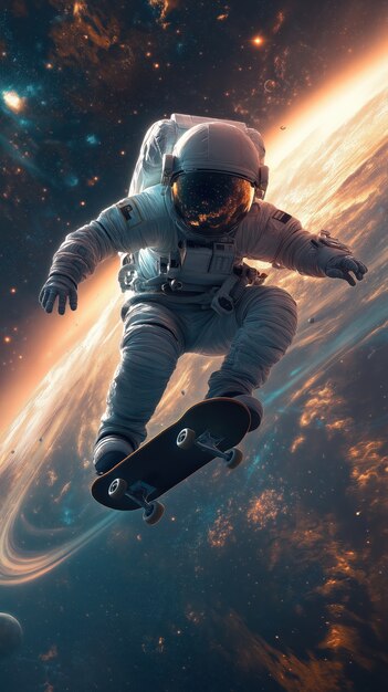 Spaceman skateboarding on different planets in the space