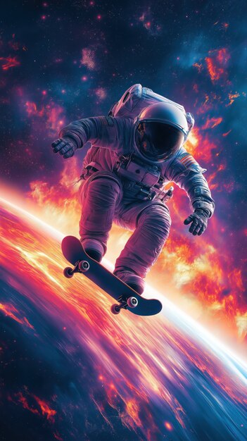 Spaceman skateboarding on different planets in the space