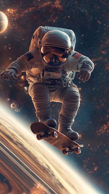 Spaceman skateboarding on different planets in the space