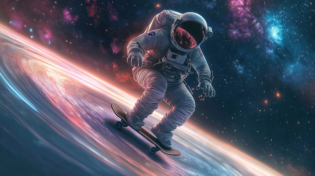 Spaceman skateboarding on different planets in the space